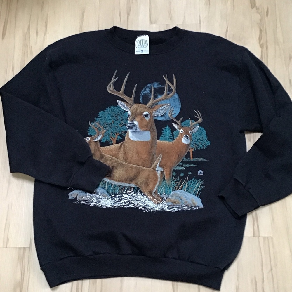 Cotton Grove Vintage Screenprint Made in USA Whitetail Deer Black Sweatshirt‎ L